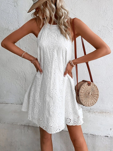 Eyelet Embroidery Keyhole Back Halter Neck Tunic Dress