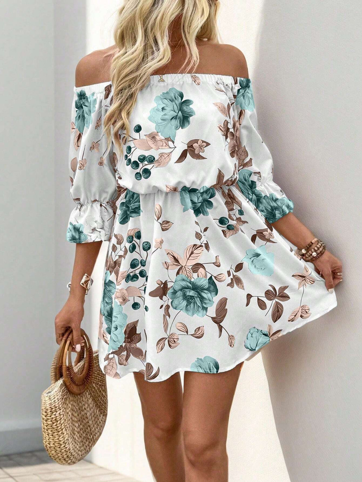 Off-Shoulder Printed Dress With Waist Belt