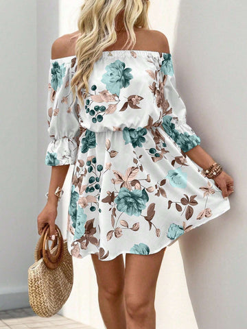 Off-Shoulder Printed Dress With Waist Belt