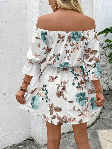 Off-Shoulder Printed Dress With Waist Belt