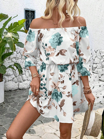 Off-Shoulder Printed Dress With Waist Belt