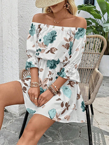 Off-Shoulder Printed Dress With Waist Belt