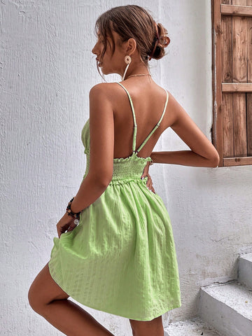 Solid Frill Trim Shirred Cami Dress Vacation Beach Outfits Women