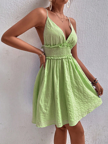 Solid Frill Trim Shirred Cami Dress Vacation Beach Outfits Women
