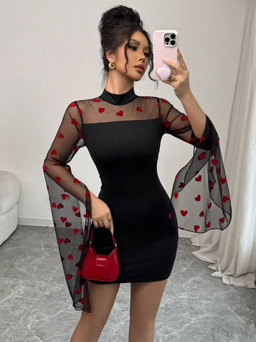 Stand Collar Mesh Patchwork Heart Design Sexy Dress For Women