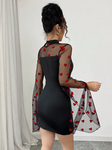 Stand Collar Mesh Patchwork Heart Design Sexy Dress For Women