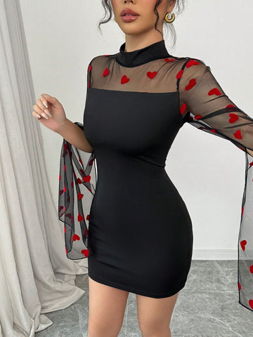 Stand Collar Mesh Patchwork Heart Design Sexy Dress For Women