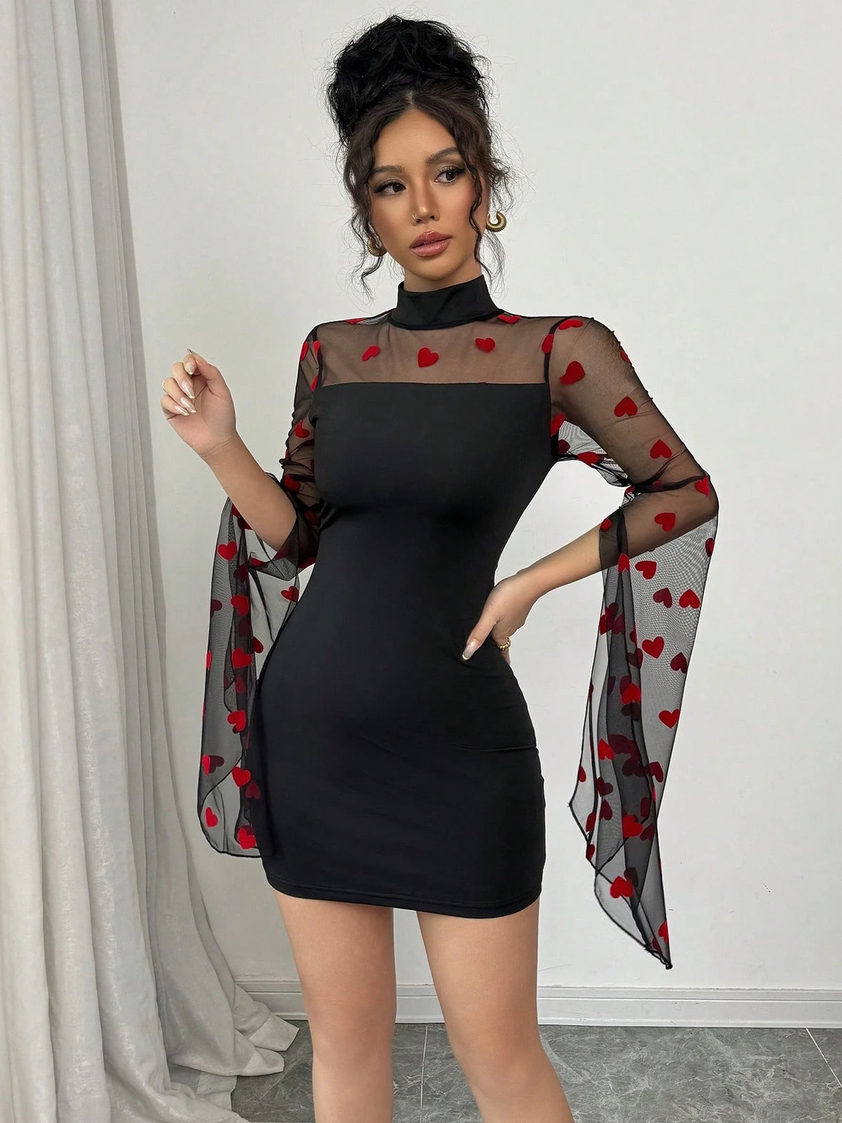 Stand Collar Mesh Patchwork Heart Design Sexy Dress For Women
