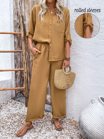 Women 2pcs Set Front Button Long Sleeve Pocket Blouse And Long Pants