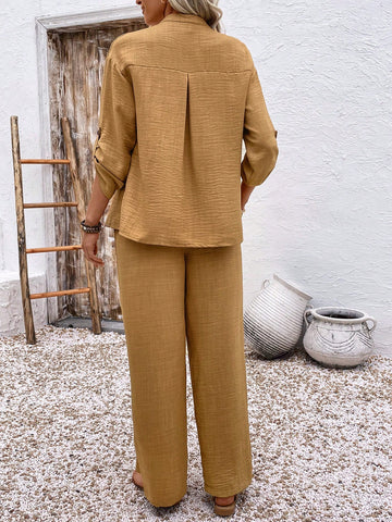 Women 2pcs Set Front Button Long Sleeve Pocket Blouse And Long Pants