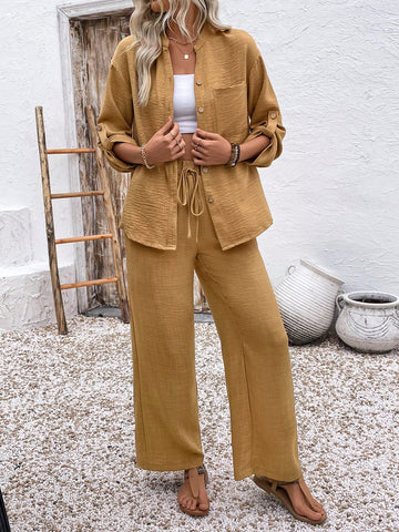 Women 2pcs Set Front Button Long Sleeve Pocket Blouse And Long Pants