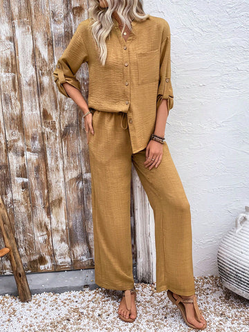 Women 2pcs Set Front Button Long Sleeve Pocket Blouse And Long Pants