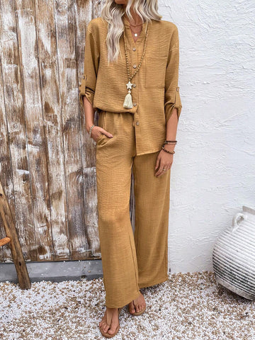 Women 2pcs Set Front Button Long Sleeve Pocket Blouse And Long Pants