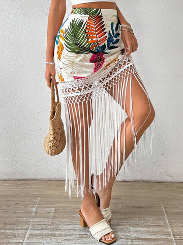 Holiday Women Tasseled Plant Printed Skirt Vacation Beach Outfit