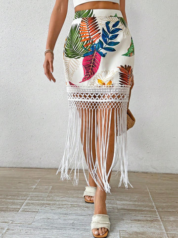 Holiday Women Tasseled Plant Printed Skirt Vacation Beach Outfit