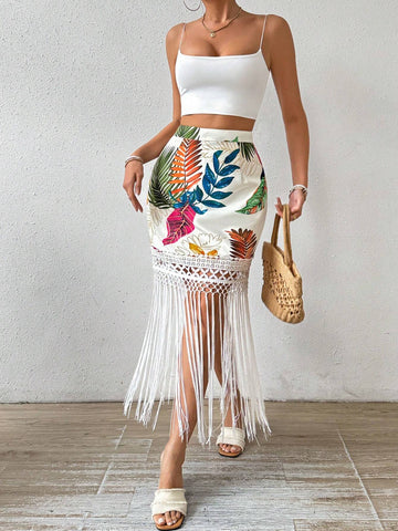 Holiday Women Tasseled Plant Printed Skirt Vacation Beach Outfit