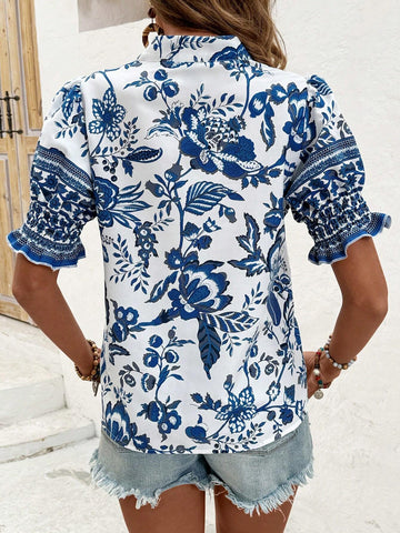 Women's Floral Print Short Balloon Sleeve Button Up Shirt