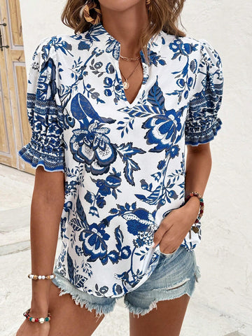 Women's Floral Print Short Balloon Sleeve Button Up Shirt