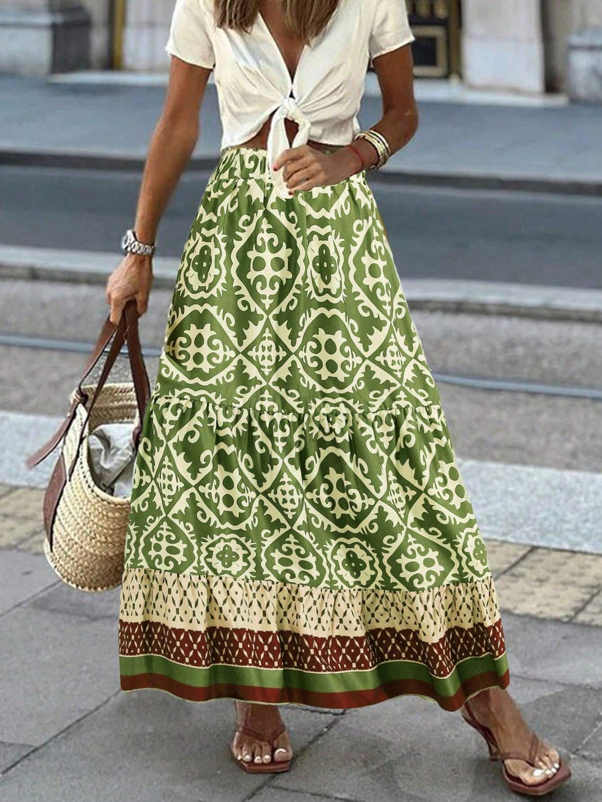 Holidaya Women's Full Printed Ruffle Hem Skirt