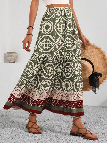 Holidaya Women's Full Printed Ruffle Hem Skirt