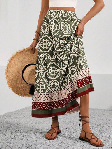 Holidaya Women's Full Printed Ruffle Hem Skirt