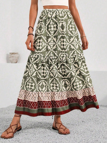 Holidaya Women's Full Printed Ruffle Hem Skirt