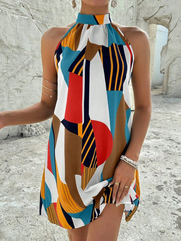 Women's Stand Collar Sleeveless Printed Simple Casual Short Dress