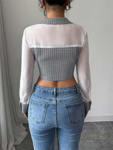 Holidaya Women's Tweed & Chiffon V-Neck Blouse