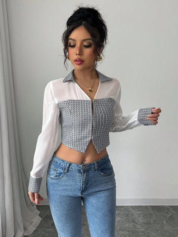 Holidaya Women's Tweed & Chiffon V-Neck Blouse