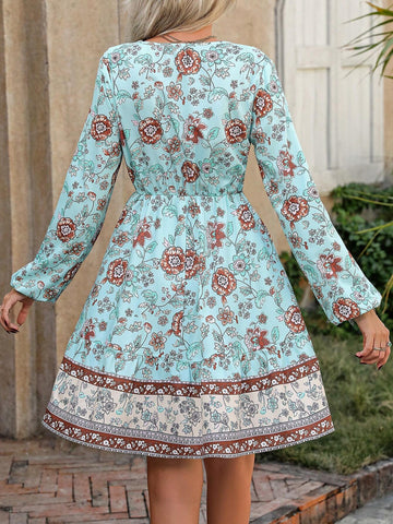 Women's Vacation Floral Print V-Neck Lantern Sleeve Tie Waist Short Dress