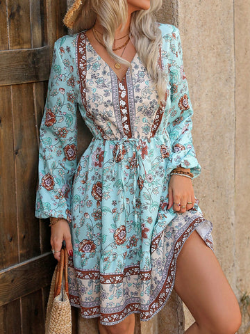 Women's Vacation Floral Print V-Neck Lantern Sleeve Tie Waist Short Dress