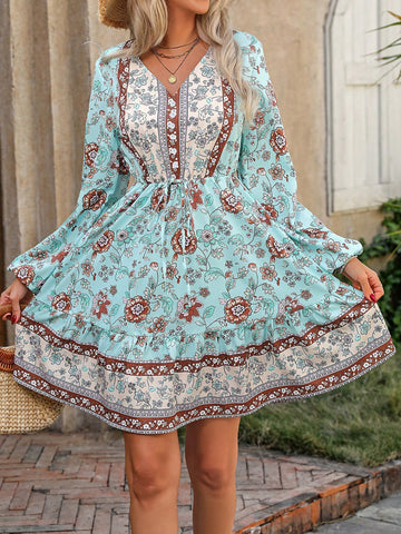 Women's Vacation Floral Print V-Neck Lantern Sleeve Tie Waist Short Dress