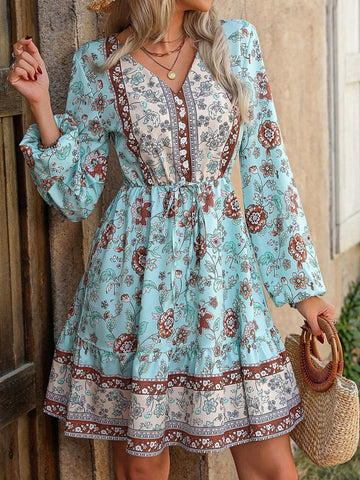 Women's Vacation Floral Print V-Neck Lantern Sleeve Tie Waist Short Dress
