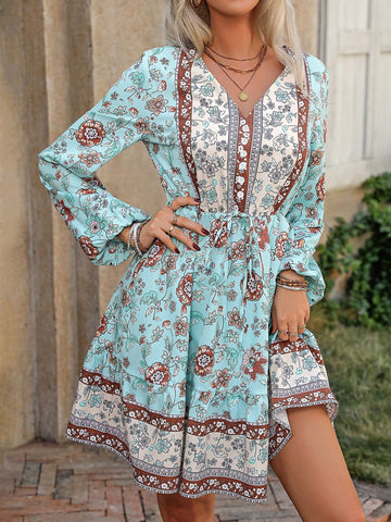 Women's Vacation Floral Print V-Neck Lantern Sleeve Tie Waist Short Dress
