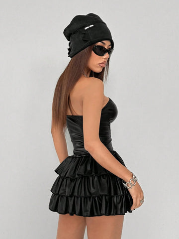 Women Solid Color Tiered Bandeau Mini Dress