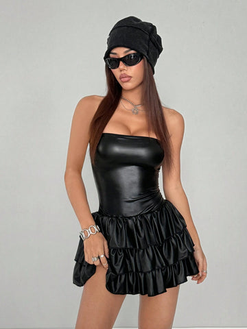 Women Solid Color Tiered Bandeau Mini Dress