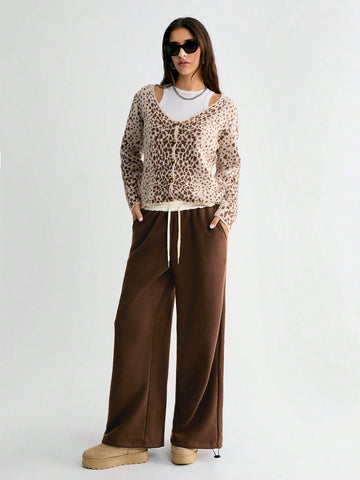 HypeZone Women's Oversized Low Waist Contrast Color Drawstring Chocolate Brown Sweatpants