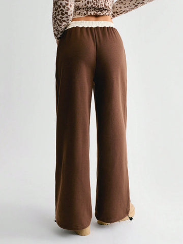 HypeZone Women's Oversized Low Waist Contrast Color Drawstring Chocolate Brown Sweatpants