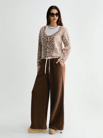 HypeZone Women's Oversized Low Waist Contrast Color Drawstring Chocolate Brown Sweatpants