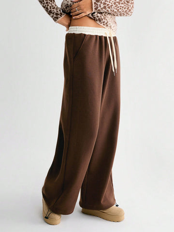 HypeZone Women's Oversized Low Waist Contrast Color Drawstring Chocolate Brown Sweatpants