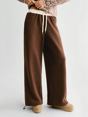 HypeZone Women's Oversized Low Waist Contrast Color Drawstring Chocolate Brown Sweatpants