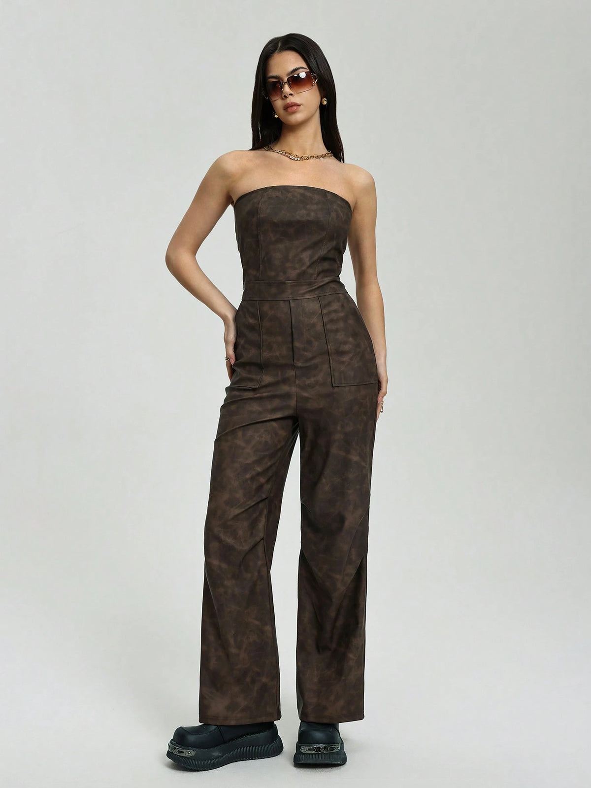 Women's Sexy Retro Elastic PU Leather Cropped Strapless Pleated Brown Jumpsuit (Random Cut)
