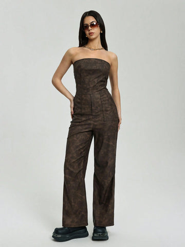 Women's Sexy Retro Elastic PU Leather Cropped Strapless Pleated Brown Jumpsuit (Random Cut)