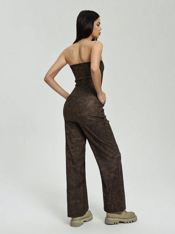 Women's Sexy Retro Elastic PU Leather Cropped Strapless Pleated Brown Jumpsuit (Random Cut)