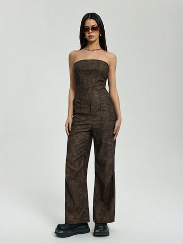 Women's Sexy Retro Elastic PU Leather Cropped Strapless Pleated Brown Jumpsuit (Random Cut)