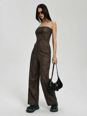 Women's Sexy Retro Elastic PU Leather Cropped Strapless Pleated Brown Jumpsuit (Random Cut)