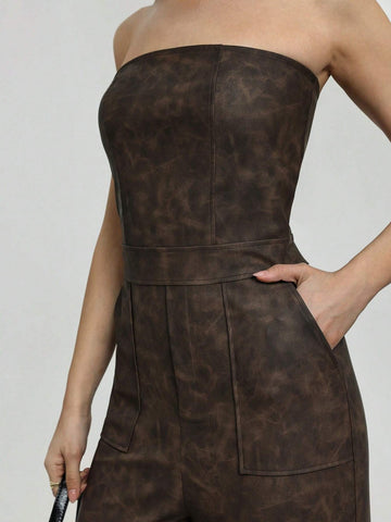 Women's Sexy Retro Elastic PU Leather Cropped Strapless Pleated Brown Jumpsuit (Random Cut)