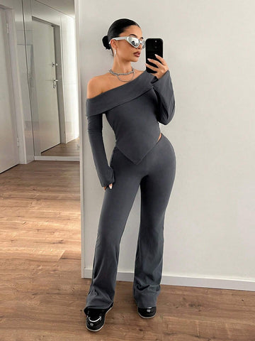 1 Set Solid Color Oblique Shoulder Long Sleeve T-Shirt And Low Waist Long Pants
