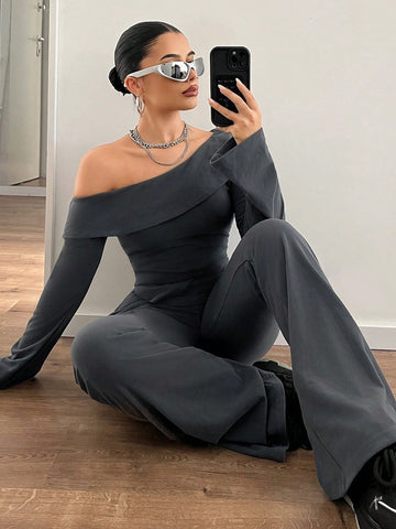 1 Set Solid Color Oblique Shoulder Long Sleeve T-Shirt And Low Waist Long Pants