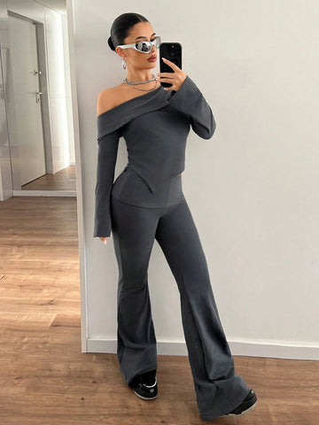 1 Set Solid Color Oblique Shoulder Long Sleeve T-Shirt And Low Waist Long Pants